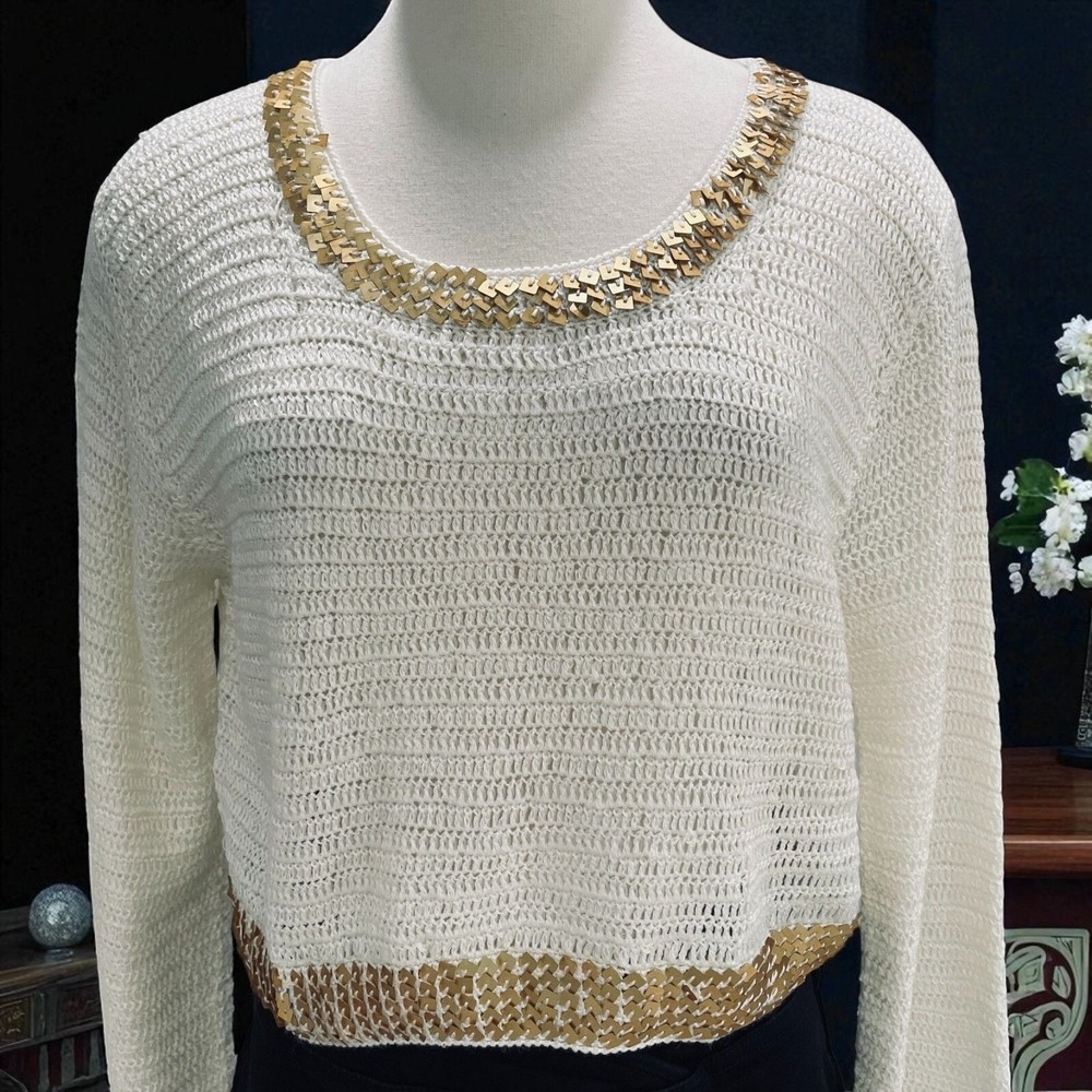 Kroshetta Gold Trim Sweater XL Crochet Boho Glam Holiday Party Top Trending